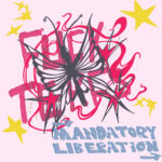 pink background with yellow stars, a black butterfly, and red and blue text